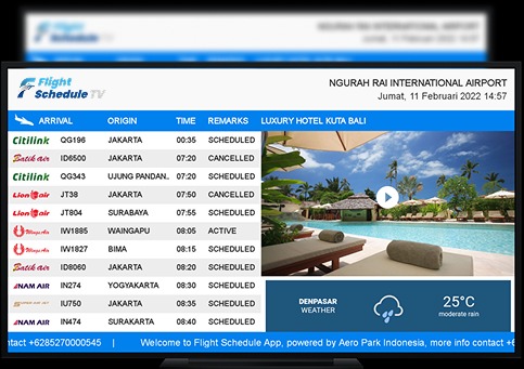 Tampilan Flight Schedule TV user-friendly dari PT Studio Kami Mandiri, menampilkan jadwal penerbangan real-time dengan instalasi mudah tanpa teknisi IT.